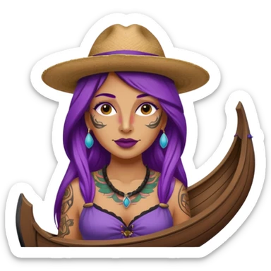 tattoed face venice gondolier with iconic hat woman purple long hair sticker