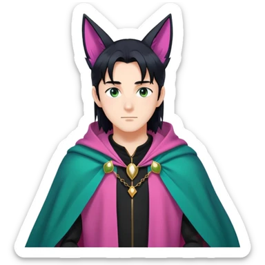 anime man with long-straight-dark-black hair, long black fox ears with pink Scapha, hazel-gradient-brown-turquoise eyes, gold earring, dark-blue-sweater, green cape,  sticker
