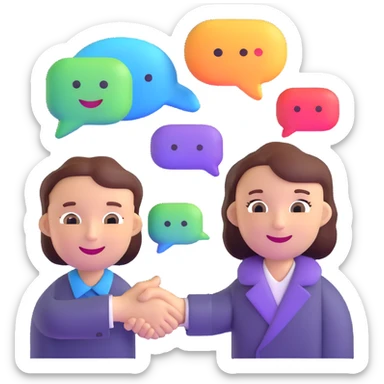 candidate profile card with a smiling avatar, chat bubbles, and a handshake icon representing relationship management sticker
