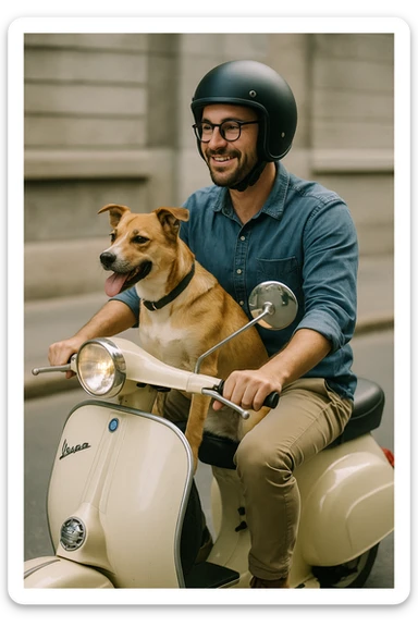 man and his pet dog riding a vespa sticker