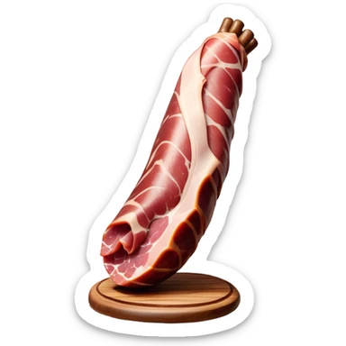 ​Cinematic Realistic Spanish Jamón Leg, depicted as a massive, cured leg of Jamón serrano (ham) with a deep reddish-brown hue, intricately marbled and slightly glossy with age, elegantly displayed on a rustic wooden stand and bathed in warm, soft lighting that accentuates its artisanal heritage, sticker