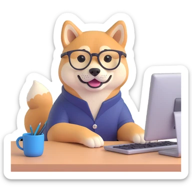 shiba inu with eye glasses and computer sticker