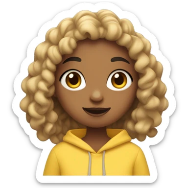 Girl wearing yellow hoodie with black coloured wavy curly hair (2 braids) and bangs eating blueberries. She is not black or white she is south Asian so light brown sticker