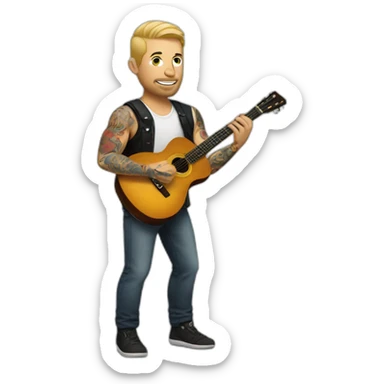 white man in with tattoos with a guitar sticker