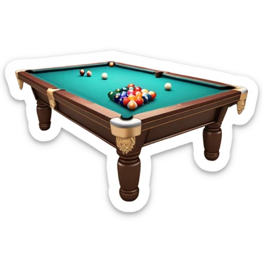 A billiard table with colorful balls arranged in a triangle, and a cue stick poised to break. The scene is set in a dimly lit room, with focused lighting highlighting the balls and table, emphasizing skill, precision, and strategy in the game of pool. sticker