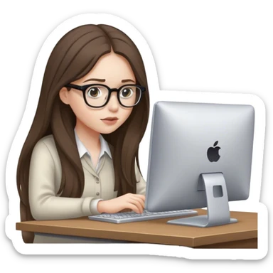 pale brunette girl with long hair wearing glasses working on computer eyes down sticker