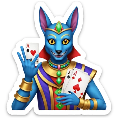 crazy colorful anubi jolly joker from poker, medieval, vintage, court jester, mac os icon, blue color, holds a single poker card on the right paw sticker