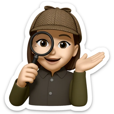Make the character look like a detective creating a design system. Add a magnifying glass in her hand and a detective hat. Keep the same style as the reference image. Transparent background. sticker