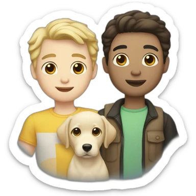 gay couple, both are white, the 1st is brunnet with slightly-curly hair, the 2nd man has black hair and is white, they are holding one light yellow labrador retriever puppy sticker