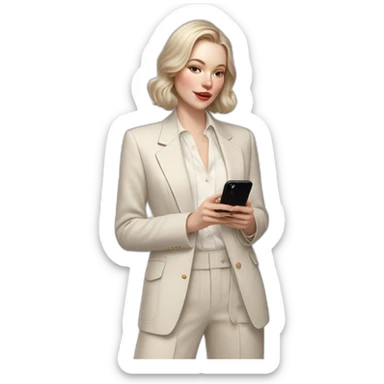 pale skin woman with ash blonde Straightened bob Hair, White Spacious classical jacket, beige palazzo Arrow pants and gray blouse holding white IPhone 15 pro in the hands sticker