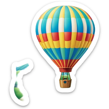A colorful hot air balloon floating gracefully above the ground, with a clear sky and distant hills in the background. The balloon's vibrant colors stand out against the soft clouds, capturing the peaceful yet adventurous spirit of hot air ballooning. sticker