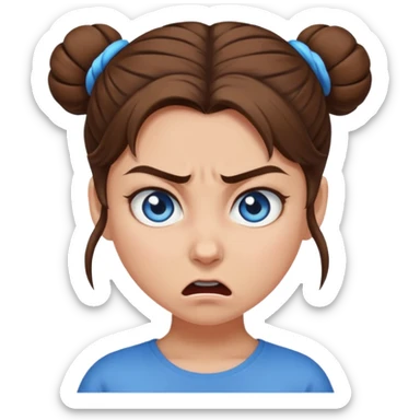 Girl with blue eyes, brown hair in a single bun, angry sticker