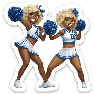 2 DCC dallas cowbow cheerleaders holding pom poms, while their arms are at their hips and one leg extended out sticker