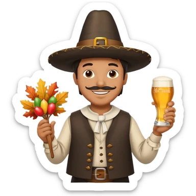 Mexican man dressesd as a Thanksgiving Pilgrim  holding a Turkey drumstick and a Corona beer sticker