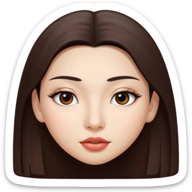 Una chica con piel muy clarita con pelo liso largo de color castaño y unos ojos marrones oscuro y labios grandes y nariz bonita y con unas pestañas que parezca asiatica que tenga las cejas un poquito mas juntas sticker