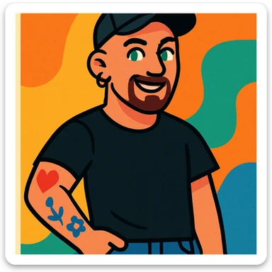 a man with a shaved head, goatee, pierced ear, and green eyes, wearing a black baseball cap, black shirt, jeans, and tattoos on one arm, in a vibrant cartoon style sticker