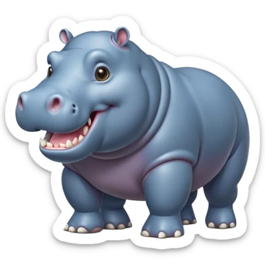cinematic-hippo-realistic-full-body-side-view-standing-on-all-fours-emoji,-massive-round-frame,-wide-mouthed-grin-exposing-huge-teeth,-head-tilted-dramatically,-thick-greyish blue-hide-glossy, big cute eyes sticker