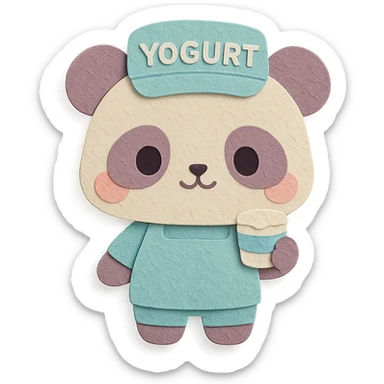chibi yogurt maker panda holding a tiny yogurt cup in its paw, pastel tones, full-body sticker