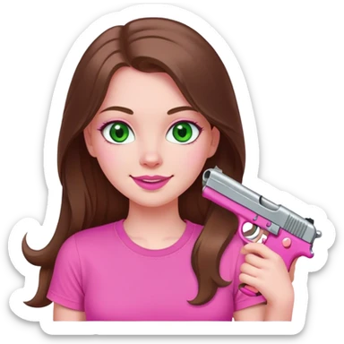 mid sized white skinned girl with green eyes and long brown hair holding a pink pistol smiling in a pink t-shirt with pink lips sticker