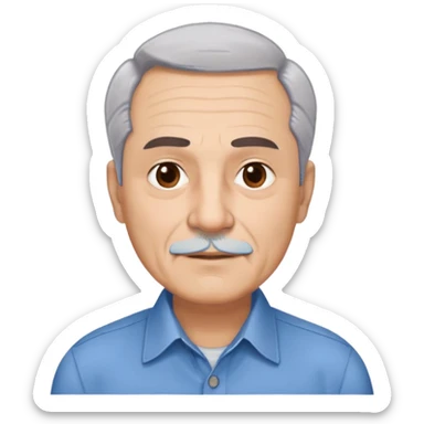 Older Hispanic man in his 60s with light skin, round face, wide jaw, broad cheekbones. Expressive dark brown eyes, thick eyebrows. Short gray/white hair with receding hairline. Well-shaved. Friendly expression. Wearing a button-down shirt in blue. sticker