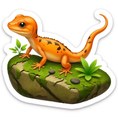 A small orange-brown newt on a mossy rock near a pond. Realistic lighting, visible tail, green plants and soft sunlight, detailed wildlife photo. sticker