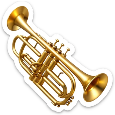 Cinematic Realistic Trumpet, rich golden brass with subtle tarnish marks, soft highlights emphasizing the intricate details, warm reflections of stage lighting bouncing off the metal, glowing with bold and triumphant energy. sticker