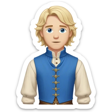 medieval outfit worn by a DnD themed fantasy character. basic wool shirt with a high collar and a buttoned vest. clothes only above the waist. The clothes full waist. The character's haven't arms. character is wavy blonde hair blue eyes shoulder-length hair pale-skinned man. sticker