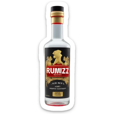 clear bottle of rumpleminze clear peppermint schnapps alcohol with a black label that has a red border and red font and the label also has a small gold eagle on the label that says “RUMPZ” sticker