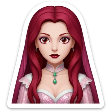 Aleera, Bride of Dracula from Van Helsing with long dark red hair, light pink sequin outfit sticker