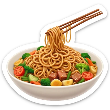 Cinematic Realistic Mie Goreng Dish Emoji, featuring stir‚Äêfried noodles with vegetables and meat rendered with dynamic textures and warm, appetizing lighting. sticker