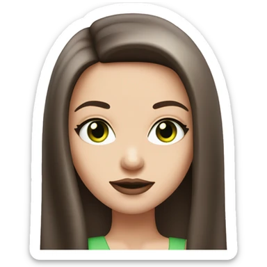 Brunette bombshell girl with long straight hair, pale skin, big pink lips, small chin and green eyes sticker