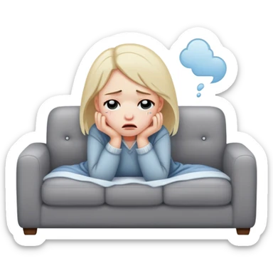 sad girl crying on the cozy grey couch  sticker