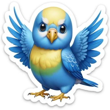 cinematic-[budgie]-realistic-full-body-perched-emoji,-wings-out-flying,-head-tilted-dramatically,-sleek-[blue]-feathers,-simplified-yet-realistic-focused-features,-highly-detailed,-glowing-with-an-almost-sarcastic-glow sticker