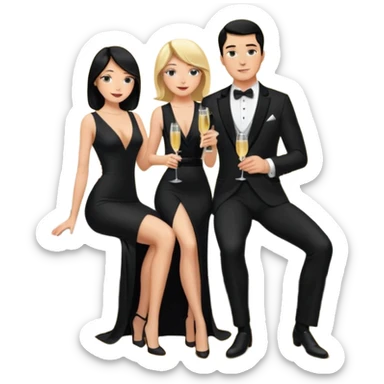 Blonde woman, black, Long, tight, sleveless Dress, Slot left Leg, man, DARK Hair, in Dinner jacket, Background bedroom, drinking champaign sticker