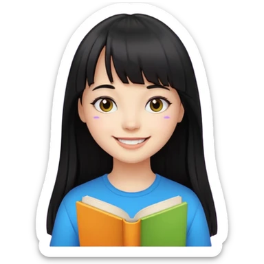 lecture girl with straight bangs fringe long black color hair with color book sticker