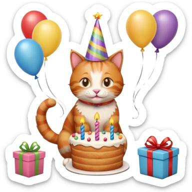 Ginger cat celebrates birthday, birthday hat, birthday cake, balloons, happy, gifts sticker