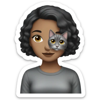 A black haired girl with a grey British short haired cat sticker