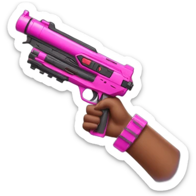 brown hand with pink nails holding large scary dark nerf gun sticker