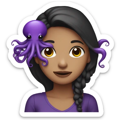 girl with longish very dark brown hair (semi-black) wearing an all-purple outfit, holding a purple octopus sticker