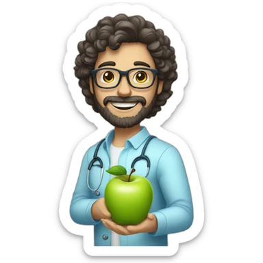 A male nutritionist with a full beard and dark, curly hair and white skin, wearing glasses, holding an apple in his hand. Who has a light blue shirt on. sticker