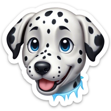 Cinematic Comical Spotted Dalmatian Portrait Emoji, Head tilted dramatically with an exaggeratedly shocked or amused expression, featuring a striking Fur of predominantly white with vivid black patches, wide, expressive blue eyes filled with playful disbelief, Simplified yet hilariously expressive features, highly detailed, glowing with a slightly sassy glow, high shine, dramatic yet playful, stylized with an air of cheeky charm, bright and endearing, soft glowing outline, capturing the essence of a spirited and over-the-top guardian, so meme-worthy it feels like it could side-eye its way into internet fame instantly! sticker