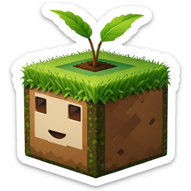 A 3D Apple-style emoji of a simple Minecraft-style grass block, cube-shaped with green grass on top and brown dirt on the sides, no background, clean design. sticker