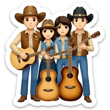 Icon for Country Music: A collage featuring Eagles as a band, Ricky Nelson, and Linda Ronstadt. Acoustic guitars, banjo, cowboy hats and a vintage Americana aesthetic evoke the spirit of classic country and country rock. Warm earthy tones. Transparent background. sticker