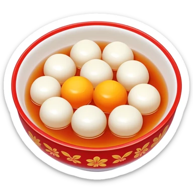 Lantern Festival tangyuan sweet rice balls in syrup with festive elements, simplified emoji style with bold outlines and bright colors, cartoon style colorful glutinous rice balls sticker