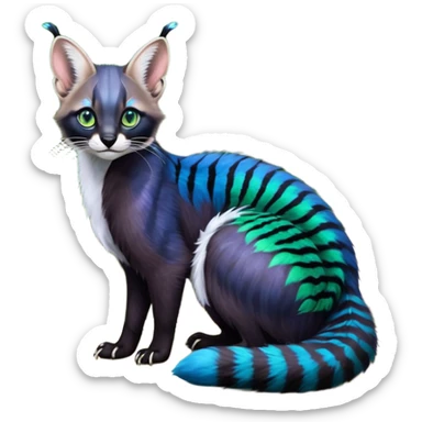 Colorful dark tropical cobalt-blue, black, white fur, with green eyes, iridescent glorious divine exotic cute cool beautiful shiny beautiful fantasy-caracal-civet-genet-sergal-vernid-Cacomistle-Furret-civet-oncilla-animal-Fakémon-hybrid-fursona with pattern markings (full body) sticker