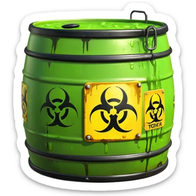 3D render of Biohazard Barrel, toxic waste aesthetic, neon green bubbling liquid, caution yellow metal, industrial warning texture, Apple emoji style, isolated on white background --v 6.0 sticker