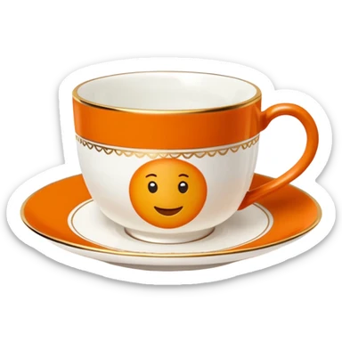 Hermès-style teacup with saucer, Hermès orange, gold trim, luxury, cute emoji style sticker