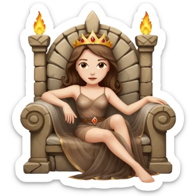Woman reclining on a stone throne, sheer fabric, torchlight, dangerous sticker