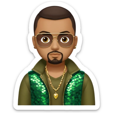 Sean Paul with dark brown hair, olive sequin outfit sticker