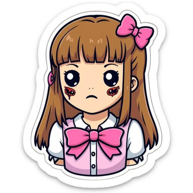 zombie girl with bangs, medium light brown hair and a pink bow, cartoon sticker style sticker